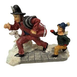 Christmas Village Figurine Fireman, Boy, And Dog By Rite Aid
